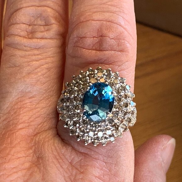 3.25 ct London Blue Topaz 2.15 ctw Diamond Huge 14K Gold Ring Sz 7 New Old Stock - Picture 5 of 9